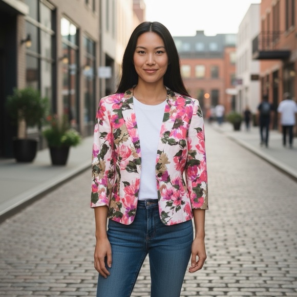 Evan Picone Floral Jacket pink 3/4 sleeve size 12 EUC Sprint summer blazer - Picture 1 of 14